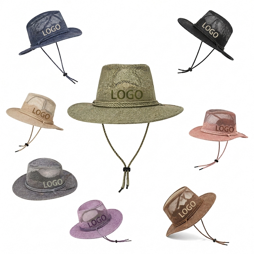 Wide-Brim Western Style Outdoor Sun Hat with Adjustable Chin Cord