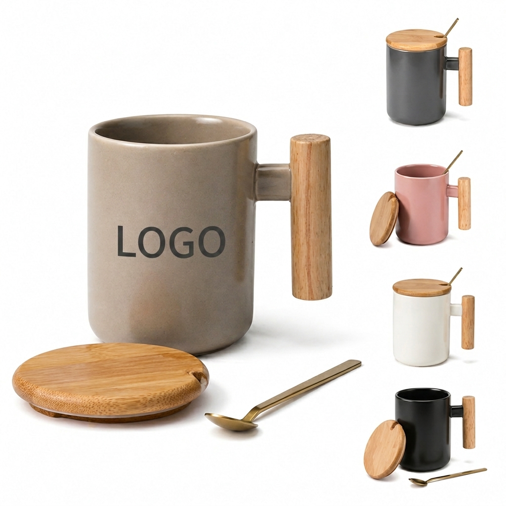 12 oz Ceramic Drinkware Set with Bamboo Lid and Stirring Spoon